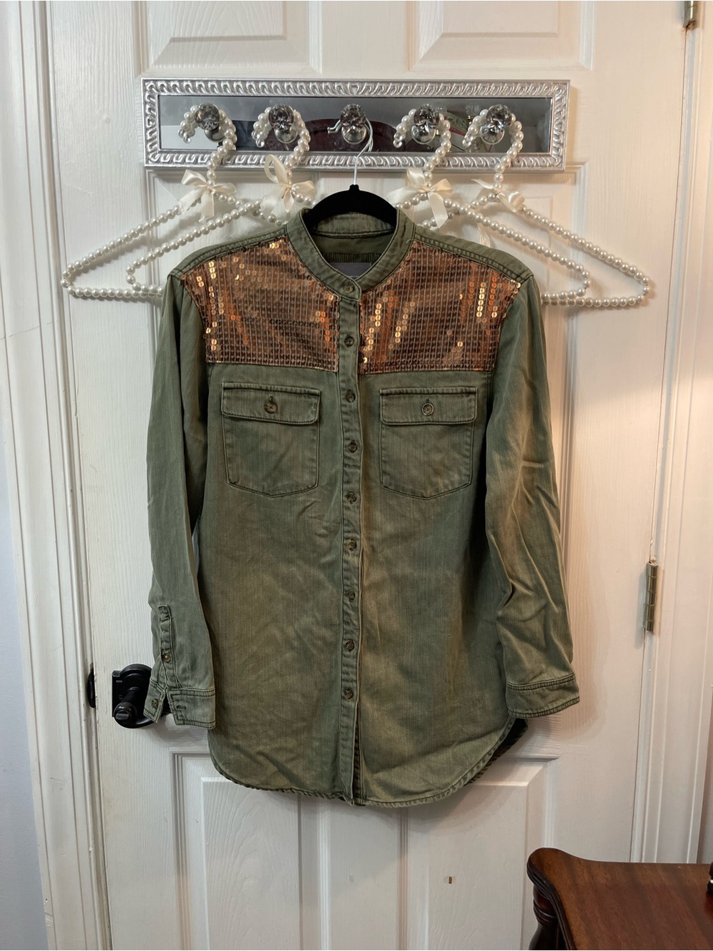 Anthropologie Olive Green Button-Front Shirt with Copper Sequin Yoke